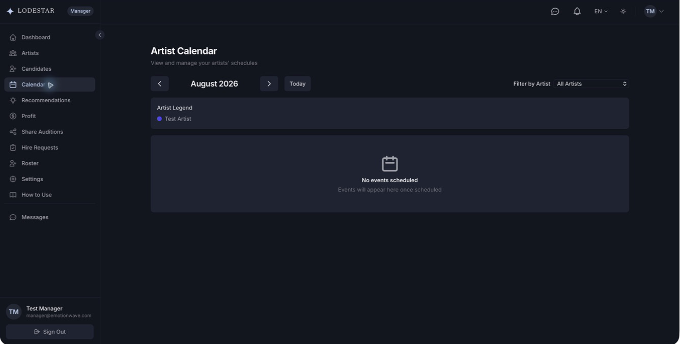 Manager workspace: Calendar